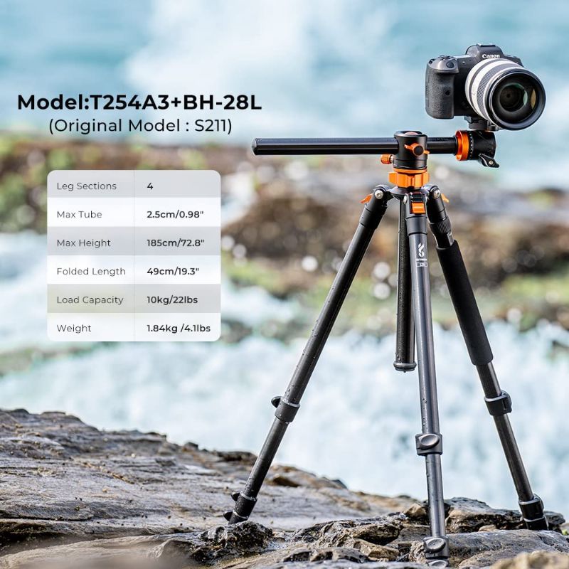 Photo 3 of K&F Concept 72 inch /185cm Camera Tripod,T254A3+BH-28L (S211) Transverse Center Column Aluminium DSLR Tripod with 360 Degree Ball Head,Quick Release Plate, Detachable Monopod 10kg Load Capacity