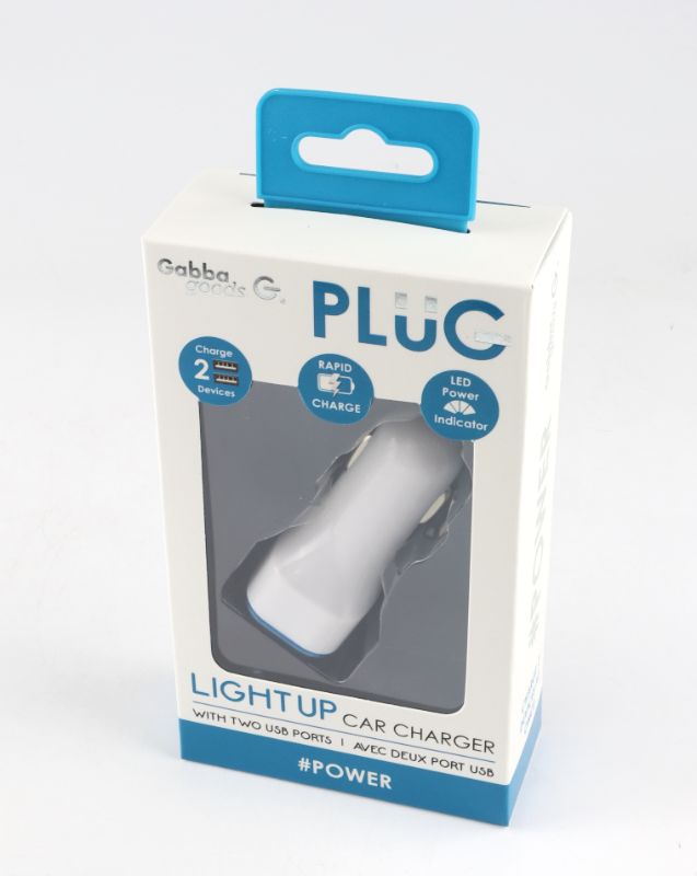 Photo 2 of GABBA GOODS PLUG - 2 PORT LIGHT UP CAR CHARGER LED POWER AND RAPID CHARGE -COLOR BLUE 