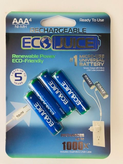 Photo 1 of 2 PACKS OF 4 ECO JUICE AAA RECHARGEABLE BATTERIES MICRO USB NIMH UNIVERSAL ECO-FRIENDLY 1000X RECHARGEABLE BY ECO JUICE MICRO USB 4 PIECE PRECHARGED NEW IN BOX 