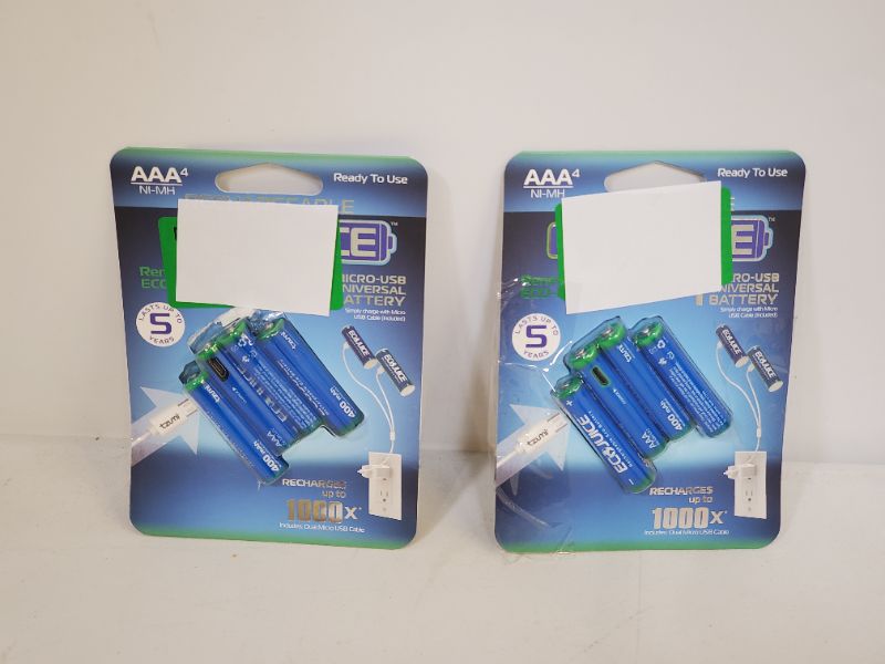 Photo 3 of 2 PACKS OF 4 ECO JUICE AAA RECHARGEABLE BATTERIES MICRO USB NIMH UNIVERSAL ECO-FRIENDLY 1000X RECHARGEABLE BY ECO JUICE MICRO USB 4 PIECE PRECHARGED NEW IN BOX 