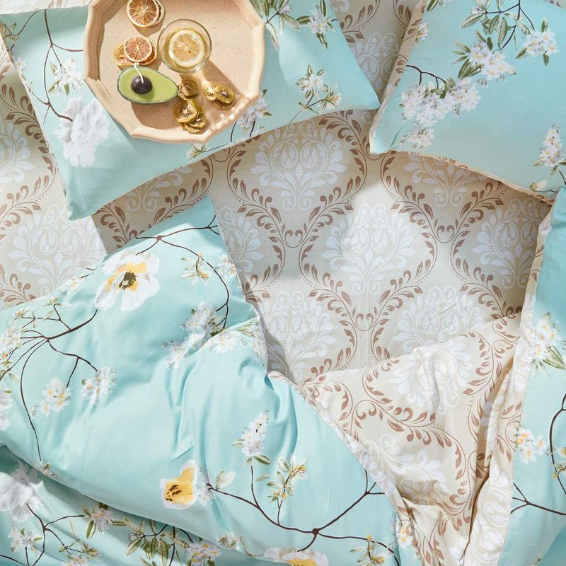 Photo 2 of Floral Duvet Cover Set Blue Flowers - Ultra Soft and Easy Care Design Summer Bedding 3pc Duvet Cover Twin  Size 102x90+ 2 Pillow Shams- 800 TC with Zipper Closure 4 Corner Ties