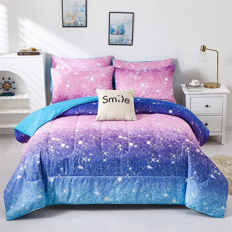 Photo 1 of Comforter Set Twin Size for Girls, 2 sided -Sparkle Galaxy Twinkle Starlight Comforter with pink underside - for Twin bed 