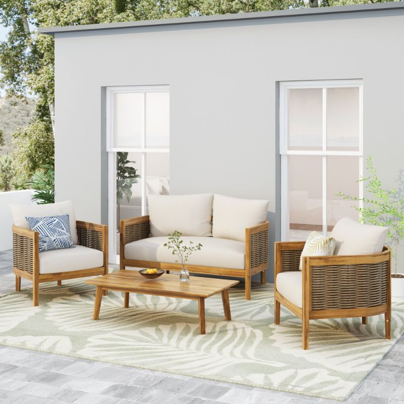 Photo 2 of Burchett Outdoor Acacia Wood 4 Seater Chat Set with Cushions, Teak, Mixed Brown, and Beige in Teak Finish/Mixed Brown/Beige by Noble House