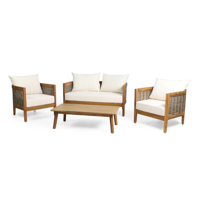 Photo 1 of Burchett Outdoor Acacia Wood 4 Seater Chat Set with Cushions, Teak, Mixed Brown, and Beige in Teak Finish/Mixed Brown/Beige by Noble House