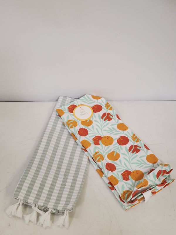 Photo 1 of PACK OF 2 - 2 PCS KITCHEN TOWELS - GREEN AND WHITE TASSEL STRIPES & PRINTED TOMATOES  