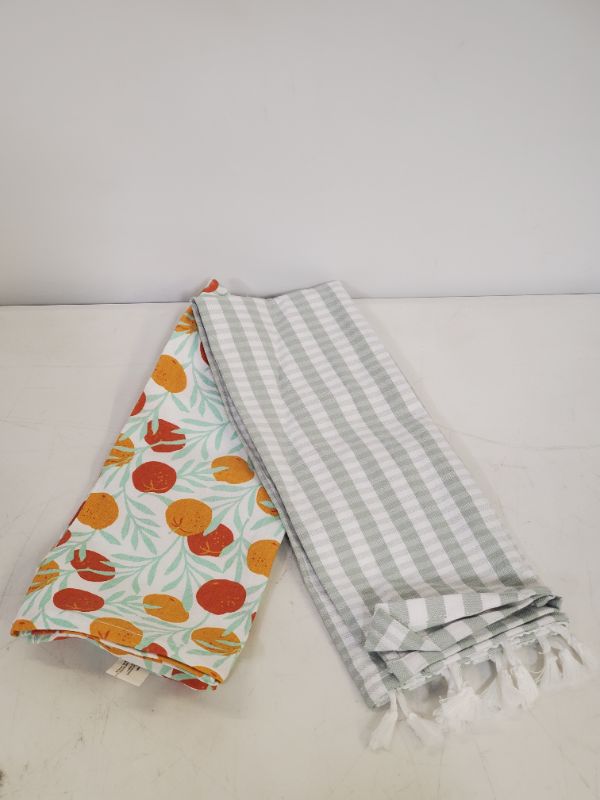 Photo 2 of PACK OF 2 - 2 PCS KITCHEN TOWELS - GREEN AND WHITE TASSEL STRIPES & PRINTED TOMATOES  