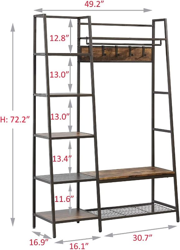 Photo 2 of HOMYSHOPY Entryway Hall Tree Shoe Bench, Industrial Hall Tree Coat Rack with Movable Hooks and Storage Shelves, Mudroom Storage Organizer Bench (Vintage Brown) - SKU: HSMZ-HTBS001