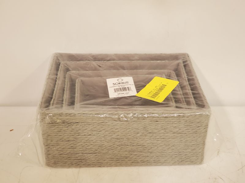 Photo 3 of Sorbus Storage Baskets 4-Piece Set - Stackable Woven Basket Paper Rope Bin Boxes for Makeup, Bathroom, Office Supplies, Bedroom, Closet (Gray) Gray Rectangle