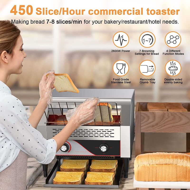 Photo 2 of Commercial conveyor toaster 450 slices/hour, 14.4in opening width conveyor toaster For Bread Bagel Breakfast Food, 2600W heavy duty stainless steel toaster for Cafes, Buffets, Restaurants, and Coffee.