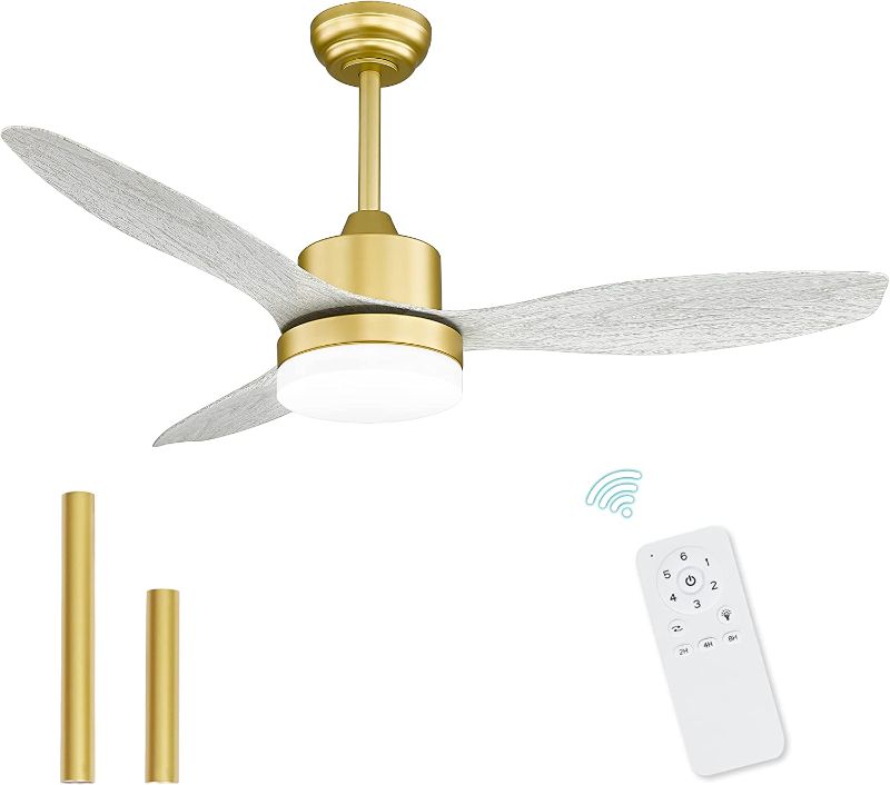 Photo 1 of Melkelen Modern Gold Ceiling Fans with Lights and Remote Control, White Wood Blades, 48 Inch Indoor/Outdoor Ceiling Fans for Living Room, Bedroom, Covered Patios, MK05-GD