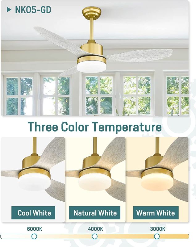 Photo 2 of Melkelen Modern Gold Ceiling Fans with Lights and Remote Control, White Wood Blades, 48 Inch Indoor/Outdoor Ceiling Fans for Living Room, Bedroom, Covered Patios, MK05-GD