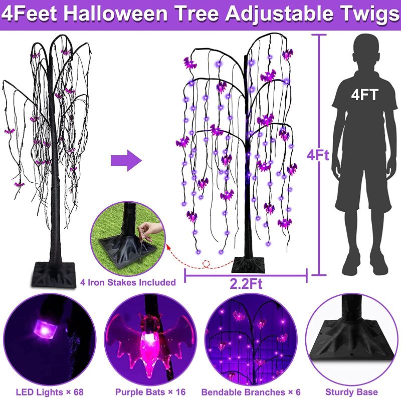 Photo 2 of 4 Feet Halloween Tree with Timer 84 LED Purple Lights & Bat Lights Ornaments, Black Spooky Lighted Willow Tree for Halloween Decorations Outdoor Indoor