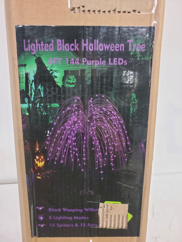 Photo 4 of 4 Feet Halloween Tree with Timer 84 LED Purple Lights & Bat Lights Ornaments, Black Spooky Lighted Willow Tree for Halloween Decorations Outdoor Indoor