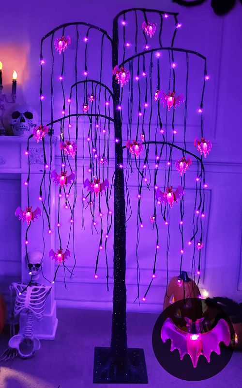 Photo 1 of 4 Feet Halloween Tree with Timer 84 LED Purple Lights & Bat Lights Ornaments, Black Spooky Lighted Willow Tree for Halloween Decorations Outdoor Indoor