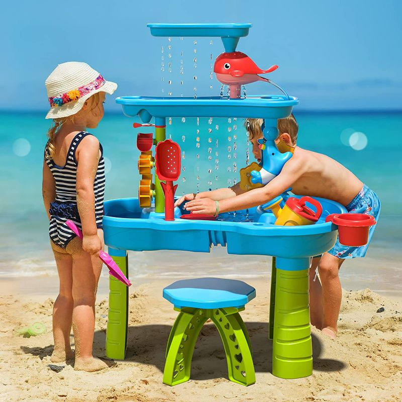 Photo 2 of EPPO Sand and Water Table Toy for Kids, 3 Tier Water Showers Pond Water Table | Kids Water Play Table, Activity Table Summer Outdoor Toy on Beach Backyard for Toddlers 1-3 Age 3-5 and Up