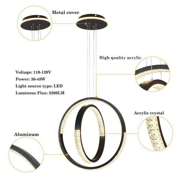 Photo 3 of OUKANING 48-Watt Integrated LED Black Modern Dimmable 2 Rings Round Geometric Chandelier with Acrylic Shade and Remote