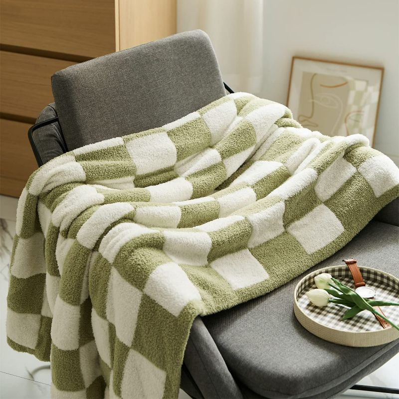 Photo 2 of YIRUIO Throw Blankets Checkerboard Grid Chessboard Gingham Warmer Comfort Plush Reversible Microfiber Cozy Decor for Home Bed Couch (sage Green, 60''x79'')