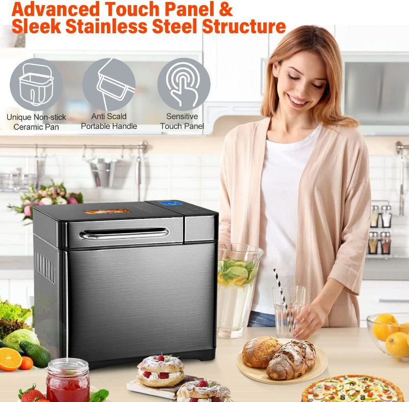 Photo 3 of KBS 17-in-1 Bread Maker-Dual Heaters, 710W Bread Machine Stainless Steel with Gluten-Free, Dough Maker, Jam, Yogurt PROG, Auto Nut Dispenser, Ceramic Pan & Touch Panel, 3 Loaf Sizes, Recipes
