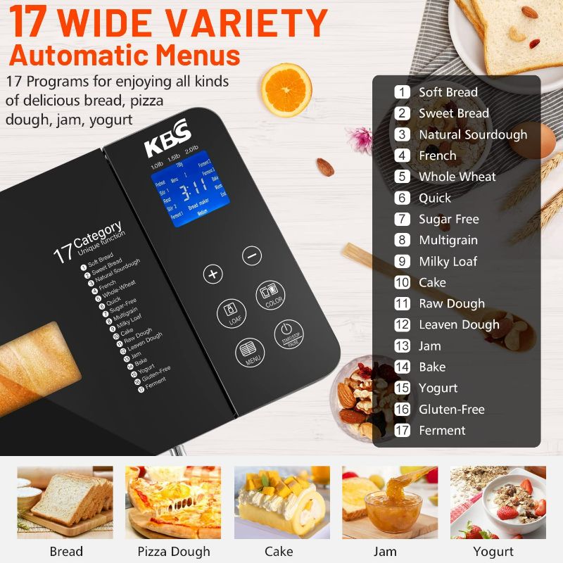 Photo 2 of KBS 17-in-1 Bread Maker-Dual Heaters, 710W Bread Machine Stainless Steel with Gluten-Free, Dough Maker, Jam, Yogurt PROG, Auto Nut Dispenser, Ceramic Pan & Touch Panel, 3 Loaf Sizes, Recipes