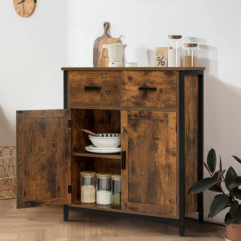 Photo 2 of Usikey Storage Cabinet with 2 Drawers and Doors, Industrial Accent Kitchen Cupboard, Free Standing Cabinet, Retro Wooden Sideboard, Side Cabinet, for Living Room, Bedroom, Hallway