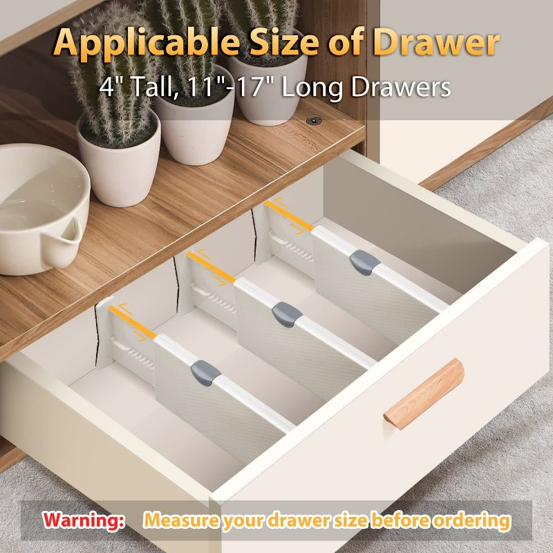 Photo 2 of JONYJ Drawer Dividers Organizer set of 5 , Adjustable Separators 4" High Expandable from 11-17" for Bedroom, Bathroom, Closet, Clothing, Office, Kitchen Storage, Strong Secure Hold, Foam Ends (White)