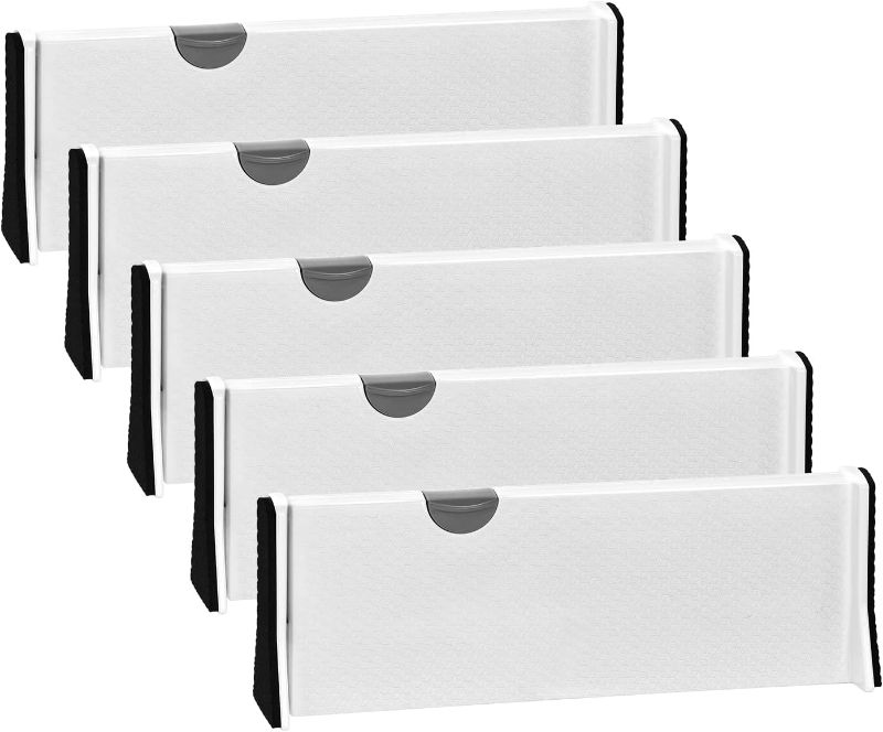 Photo 1 of JONYJ Drawer Dividers Organizer set of 5 , Adjustable Separators 4" High Expandable from 11-17" for Bedroom, Bathroom, Closet, Clothing, Office, Kitchen Storage, Strong Secure Hold, Foam Ends (White)