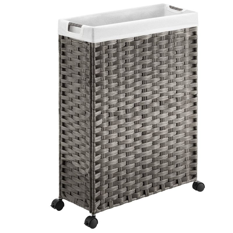 Photo 1 of Greenstell Laundry Hamper with Wheels, 26” Slim Laundry Basket with 2 Removable Liner Bags & 2 Mesh Bags, Narrow Dirty Clothes Basket, Handwoven Synthetic Rattan Organizer in Bathroom, Bedroom, Grey 19.7 x 7.8 x 26.1 inches Grey