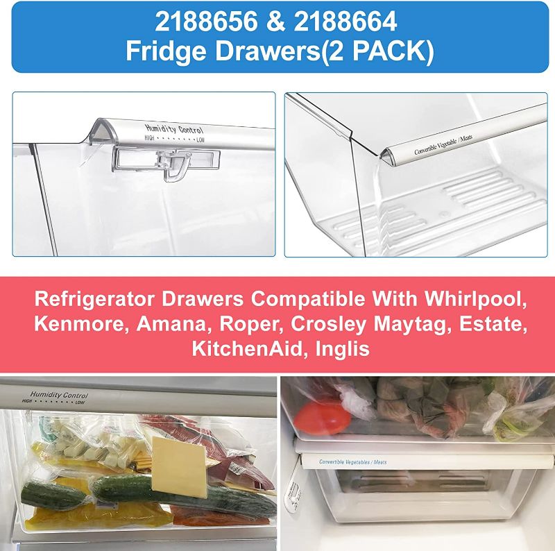 Photo 2 of set of 2 - Upgraded 2188656 Fridge Crisper Drawer (UPPER) Humidity Control Drawer & 2188664 Refrigerator Crisper Bin Drawers (LOWER) Replacement Refrigerator Parts for Whirlpool Kenmore Fridge Drawer