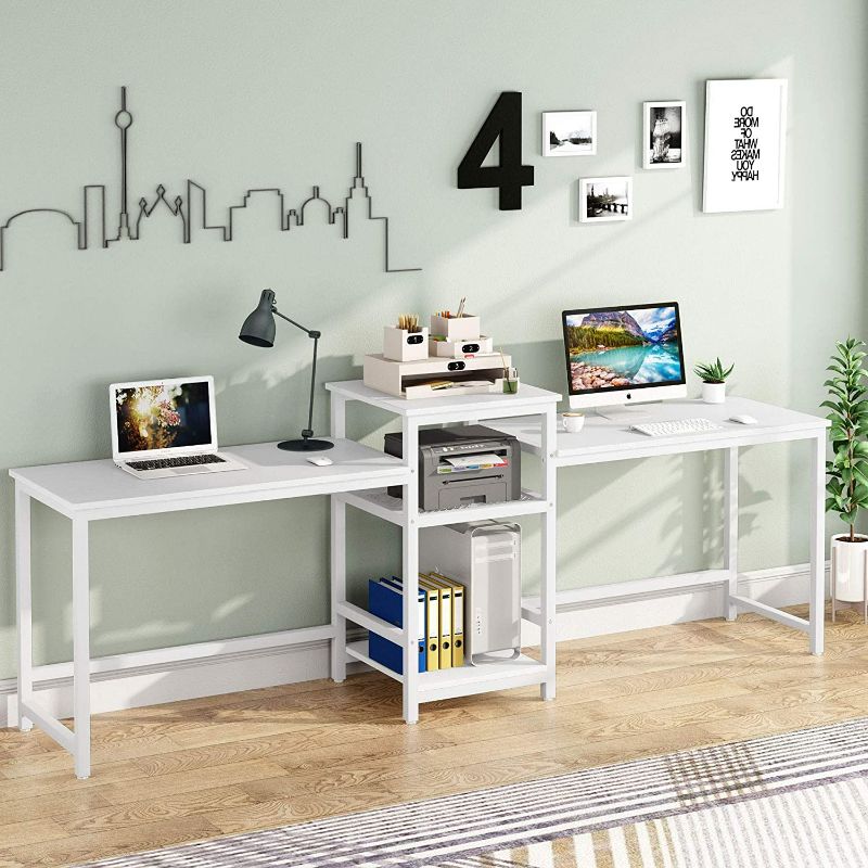 Photo 2 of Tribesigns 96.9" Double Computer Desk with Printer Shelf, Extra Long Two Person Desk Workstation with Storage Shelves, Large Office Desk Study Writing Table for Home Office, White