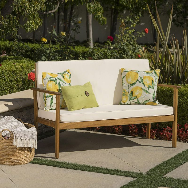 Photo 3 of Christopher Knight Home Luciano Outdoor Acacia Wood Bench with Water Resistant Fabric Cushions, Brown Patina / Cream - ITEM# : 56930.00
