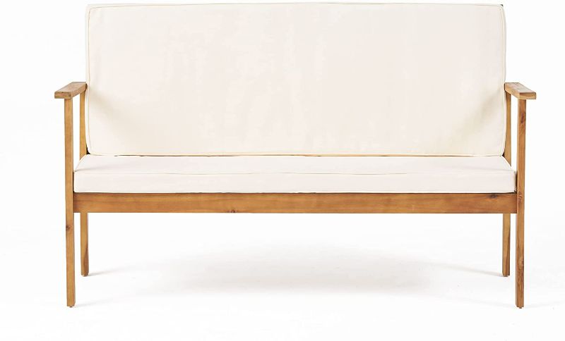 Photo 1 of Christopher Knight Home Luciano Outdoor Acacia Wood Bench with Water Resistant Fabric Cushions, Brown Patina / Cream - ITEM# : 56930.00
