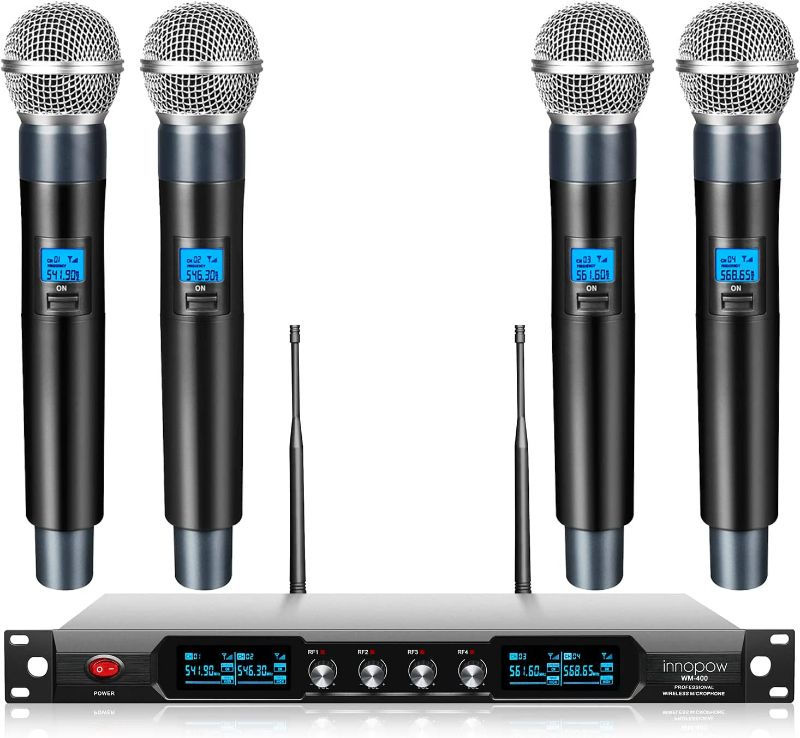 Photo 1 of innopow 4-Channel Wireless Microphone System, Quad UHF Metal Cordless Mic, 4 Handheld Mics, Long Distance150-200Ft, Fixed Frequency, 16 Hours Use for Karaoke Singing, Church - MODEL: WM-400