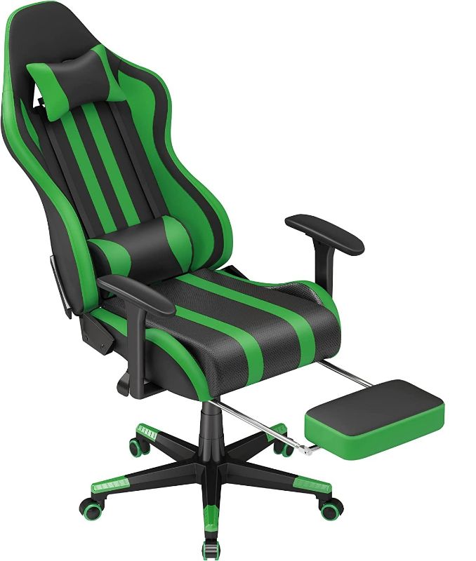 Photo 1 of Soontrans Green Gaming Chair With Footrest, Racing Ergonomic Massage Gaming Chairs For Adults Work In Office, Height Adjustable Gamer Chair,360° Swivel Computer Chair, PC Game Chair, Reclining Silla Gamer