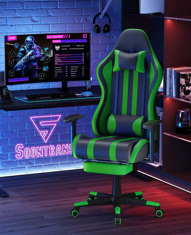 Photo 2 of Soontrans Green Gaming Chair With Footrest, Racing Ergonomic Massage Gaming Chairs For Adults Work In Office, Height Adjustable Gamer Chair,360° Swivel Computer Chair, PC Game Chair, Reclining Silla Gamer