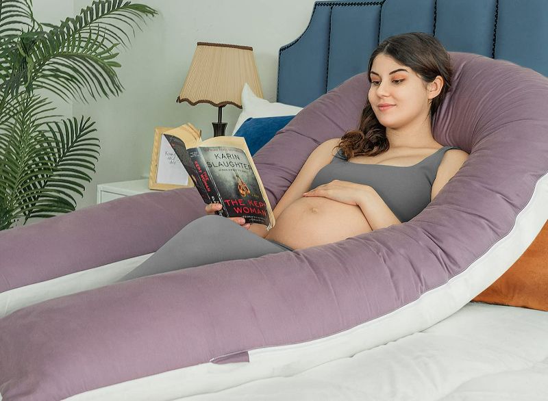 Photo 1 of QUEEN ROSE Extra Long U Shaped Body Pillow, 65in Pregnancy Pillows for Sleeping, Full Body Support for Adults and Maternity Women, Cooling Sateen Cover, Purple and White