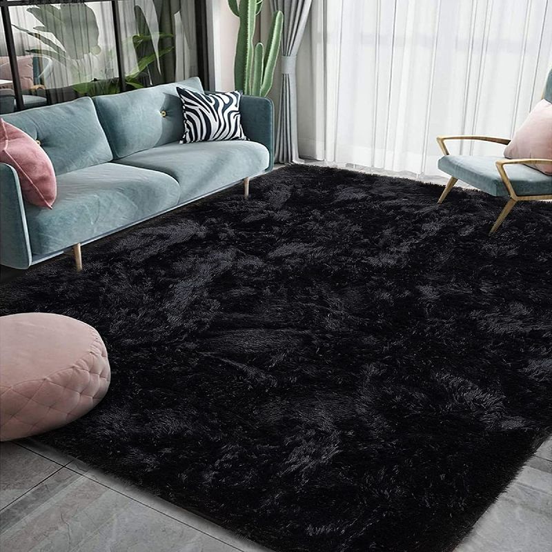 Photo 1 of ASVIV  Luxury Fluffy Area Rug Modern Shag Rugs for Bedroom Living Room, Super Soft and Comfy Carpet, Cute Carpets for Kids Nursery Girls Home - 82"X 60" - BLACK 