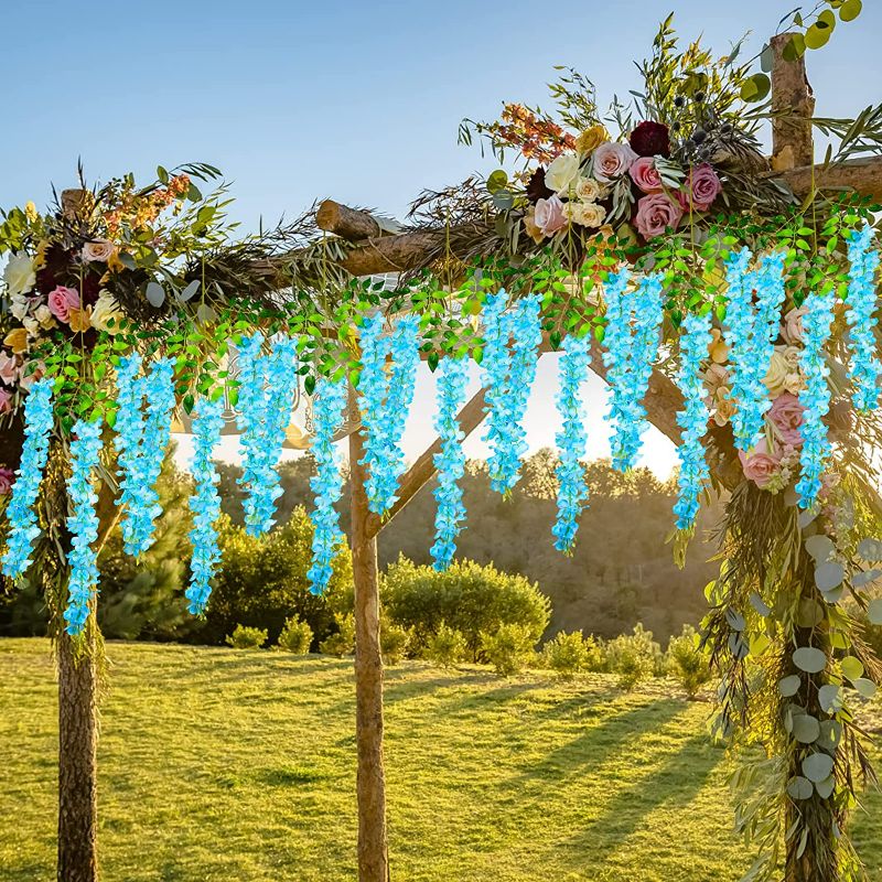 Photo 3 of Pauwer Wisteria Hanging Flowers 24 Pack Fake Flower Garland Artificial Wisteria Vines Rattan Silk Flower String Wedding Party Home Decorations, Blue