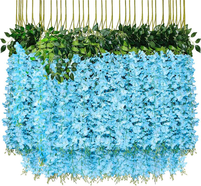 Photo 1 of Pauwer Wisteria Hanging Flowers 24 Pack Fake Flower Garland Artificial Wisteria Vines Rattan Silk Flower String Wedding Party Home Decorations, Blue