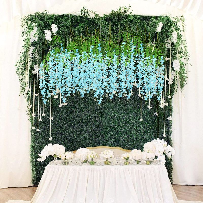 Photo 3 of Serwalin Wisteria Hanging Flowers 12 PC Artificial Flowers 3.75 Feet Fake Wisteria Garland Vine for Wedding Party Garden Wall Decoration, Lake Blue