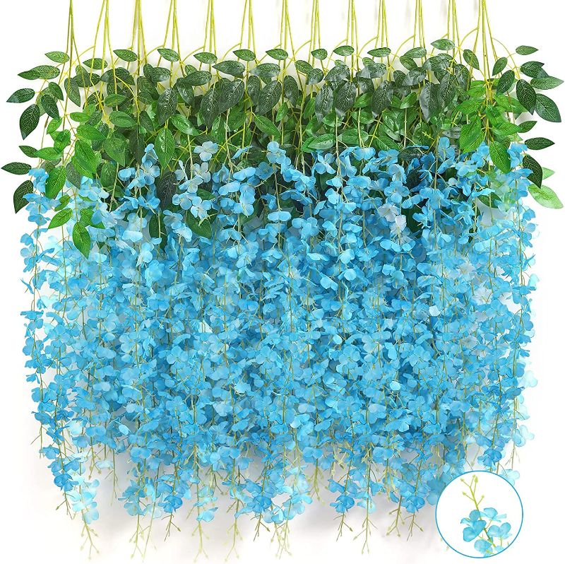 Photo 2 of Serwalin Wisteria Hanging Flowers 12 PC Artificial Flowers 3.75 Feet Fake Wisteria Garland Vine for Wedding Party Garden Wall Decoration, Lake Blue