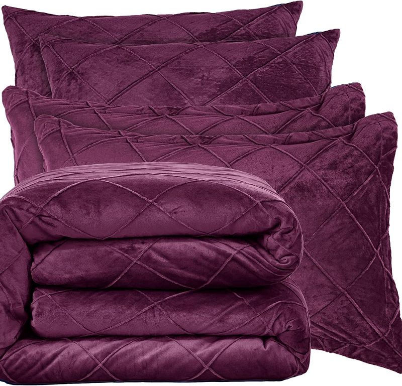 Photo 2 of PHF Pleated Velvet Comforter duvet Set King, 7 PCS Ultra Soft Warm Comforter Set for Fall and Winter, Cozy Flannel Velour Bed in A Bag, Include Comforter, Pillow Shams and Euro Shams, Wine Red