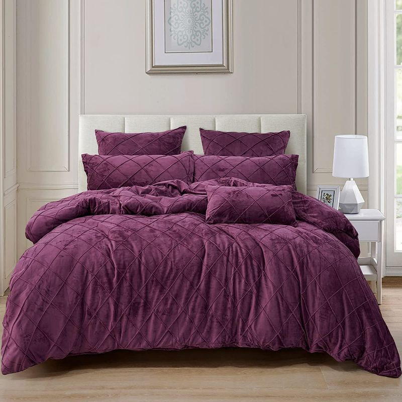 Photo 1 of PHF Pleated Velvet Comforter duvet Set King, 7 PCS Ultra Soft Warm Comforter Set for Fall and Winter, Cozy Flannel Velour Bed in A Bag, Include Comforter, Pillow Shams and Euro Shams, Wine Red