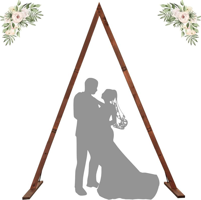 Photo 2 of Tabeskly Large Wedding Ceremony Wooden Arch Geometric Triangle Garden Parties Arbor Backdrop Stand Indoor Outdoor Rustic Farmhouse Theme Event Birthday Reception Party Photo Booth  7.2FT Brown
