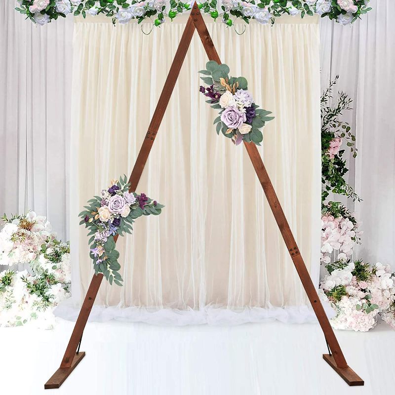 Photo 1 of Tabeskly Large Wedding Ceremony Wooden Arch Geometric Triangle Garden Parties Arbor Backdrop Stand Indoor Outdoor Rustic Farmhouse Theme Event Birthday Reception Party Photo Booth  7.2FT Brown
