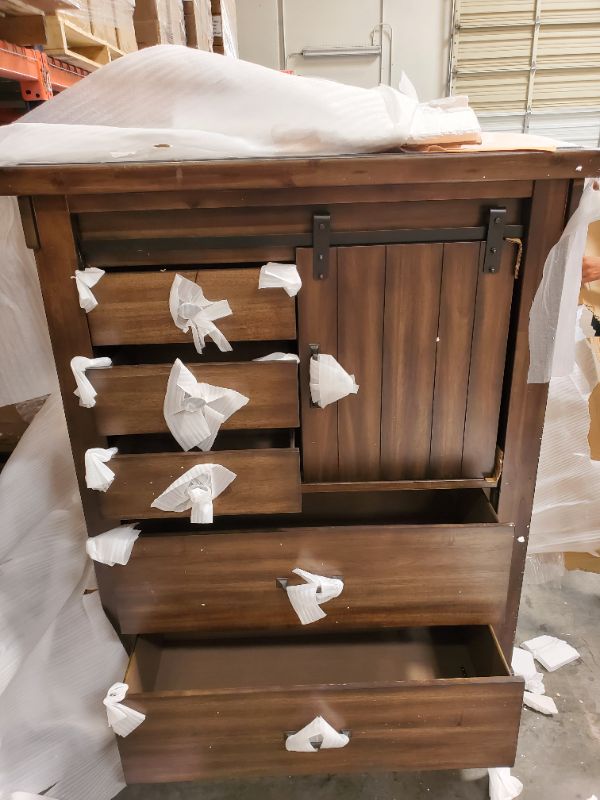 Photo 6 of Signature Design by Ashley Lakeleigh Rustic Industrial 5 Drawer Chest with Sliding Barn Door, Dark Brown