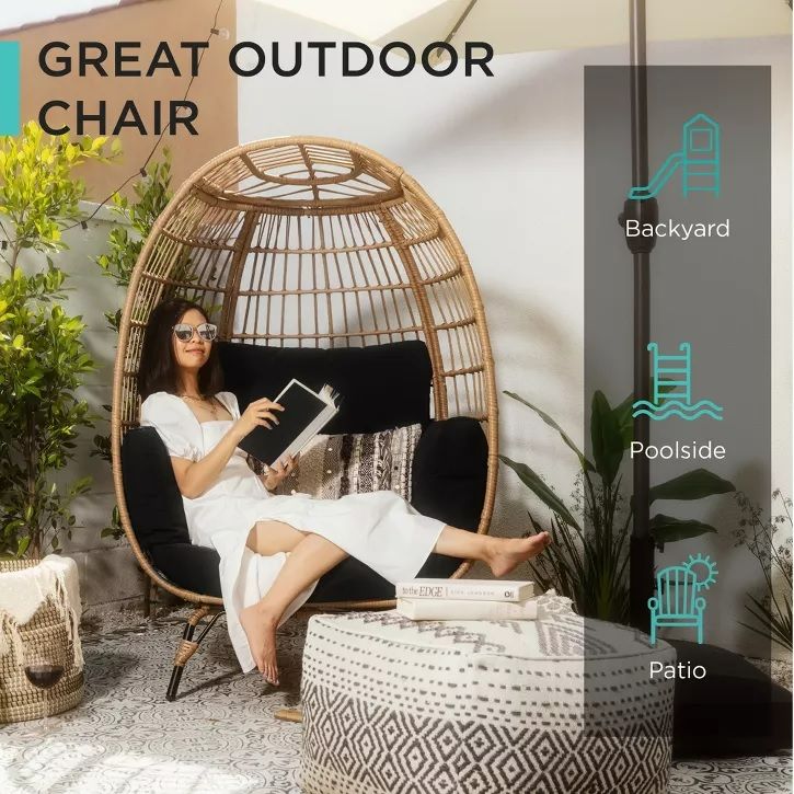 Photo 2 of Best Choice Products Wicker Egg Chair Oversized Indoor Outdoor Patio Lounger w/ Steel Frame, 440lb Capacity - BLACK 