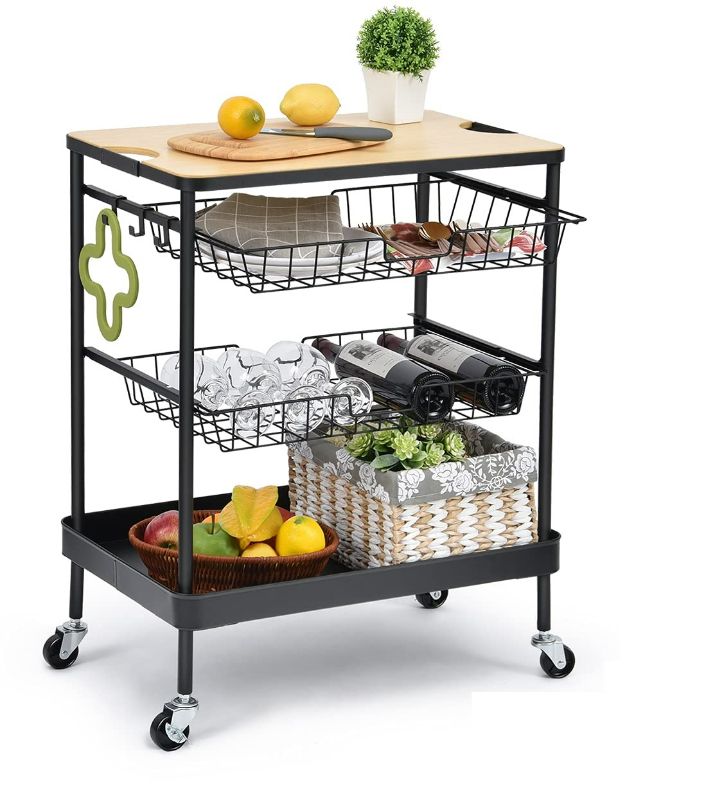 Photo 1 of TOOLF Kitchen Island Serving Cart with Utility Wood Tabletop 
