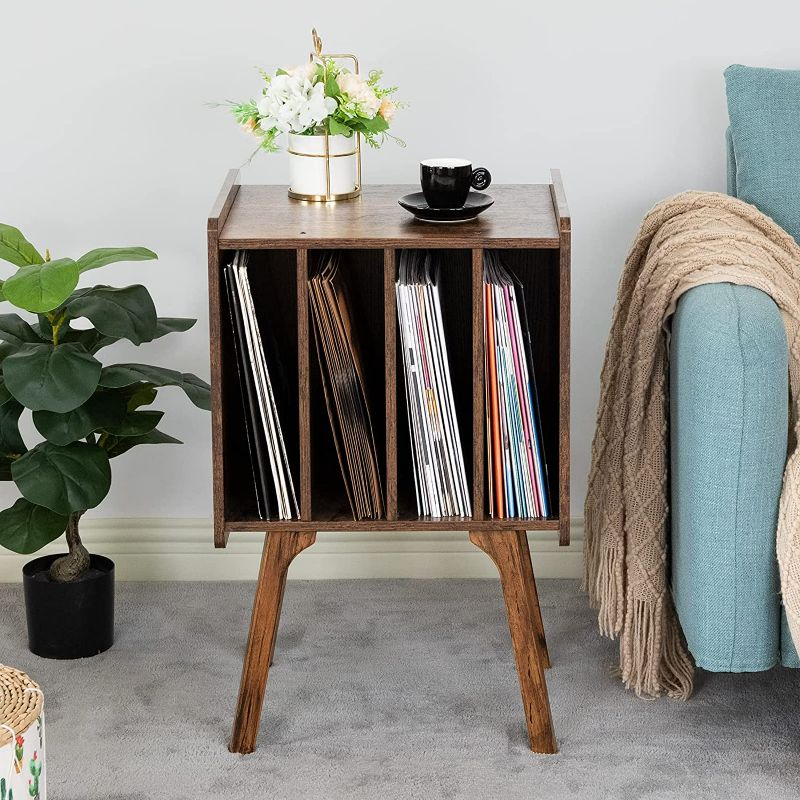 Photo 2 of LELELINKY Record Player Stand, Vinyl Record Storage Table with 4 Cabinet Up to 100 Albums,Mid-Century Turntable Stand with Wood Legs, Brown Vinyl Holder Display Shelf for Bedroom Living Room