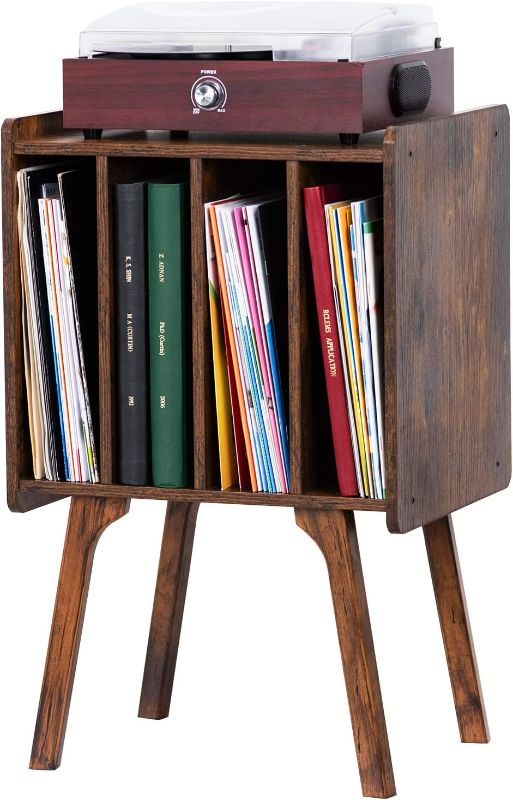 Photo 1 of LELELINKY Record Player Stand, Vinyl Record Storage Table with 4 Cabinet Up to 100 Albums,Mid-Century Turntable Stand with Wood Legs, Brown Vinyl Holder Display Shelf for Bedroom Living Room