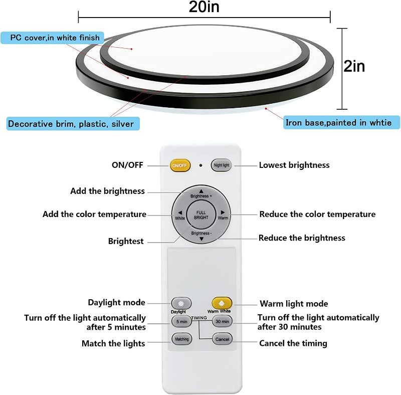 Photo 4 of DLLT 48W Dimmable LED Ceiling Light Fixture Flush Surface Mount, 20 Inch Round Remote Control Lighting, 3 Light Color Changeable for Dining Room, Living Room, Bedroom, Office, Hotel